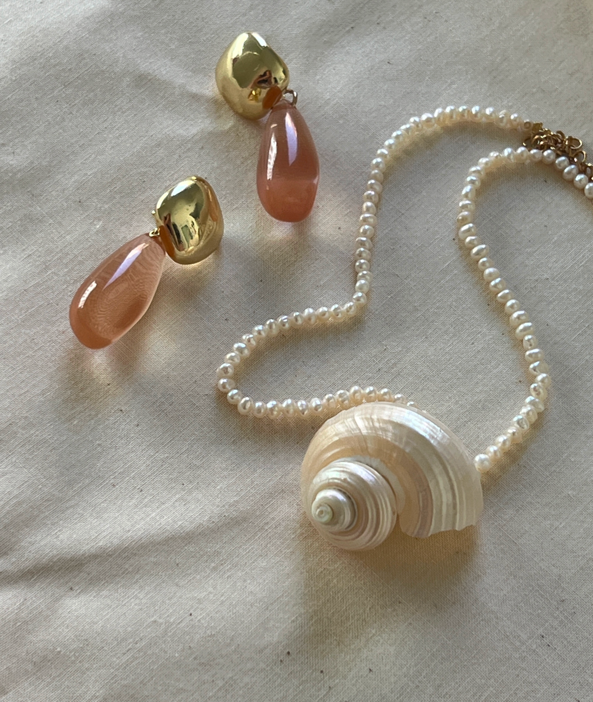 Handmade pieces with organically shaped pearls and shell